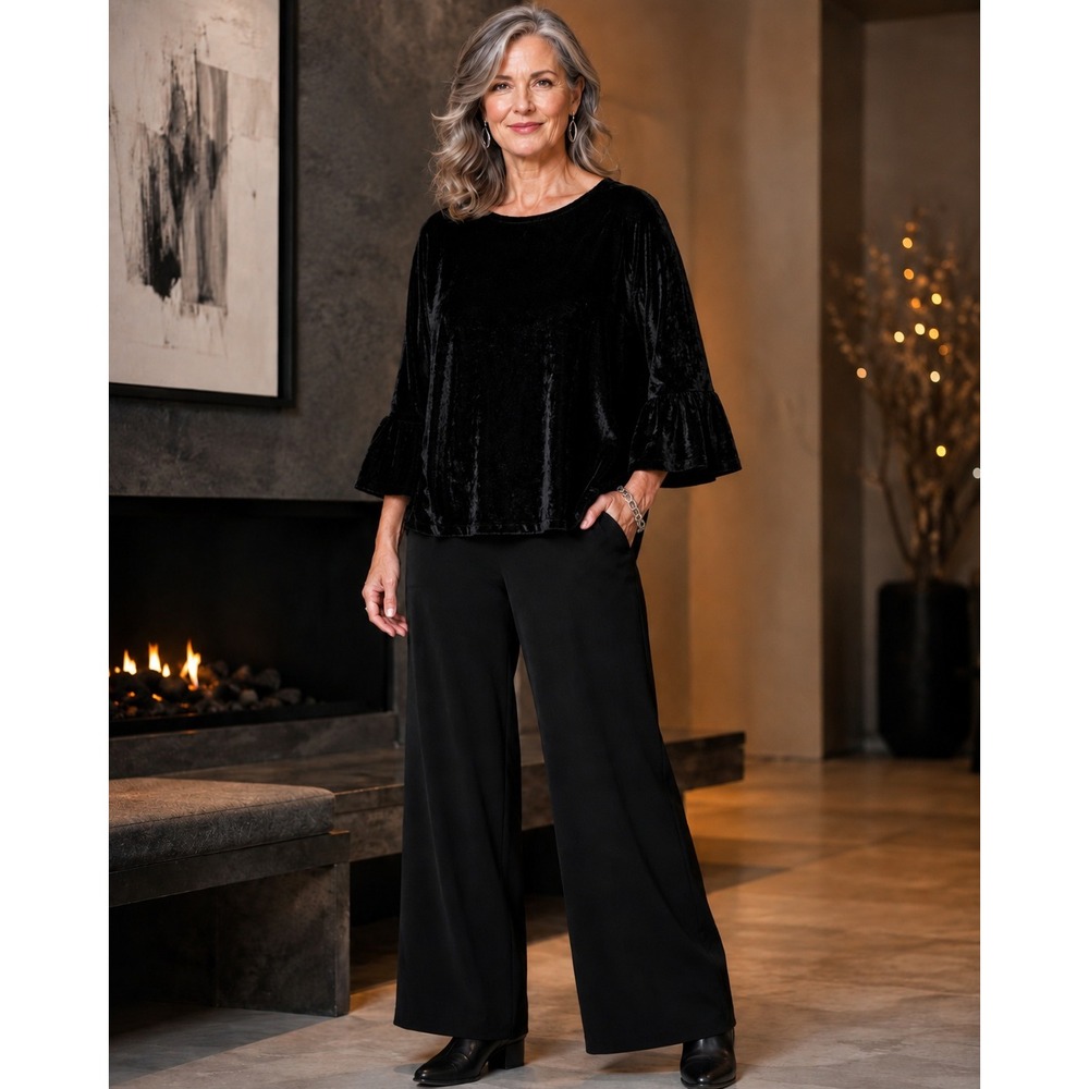 Bryn Walker Fran Black Silk Velvet Ruffle Sleeve Top Women L